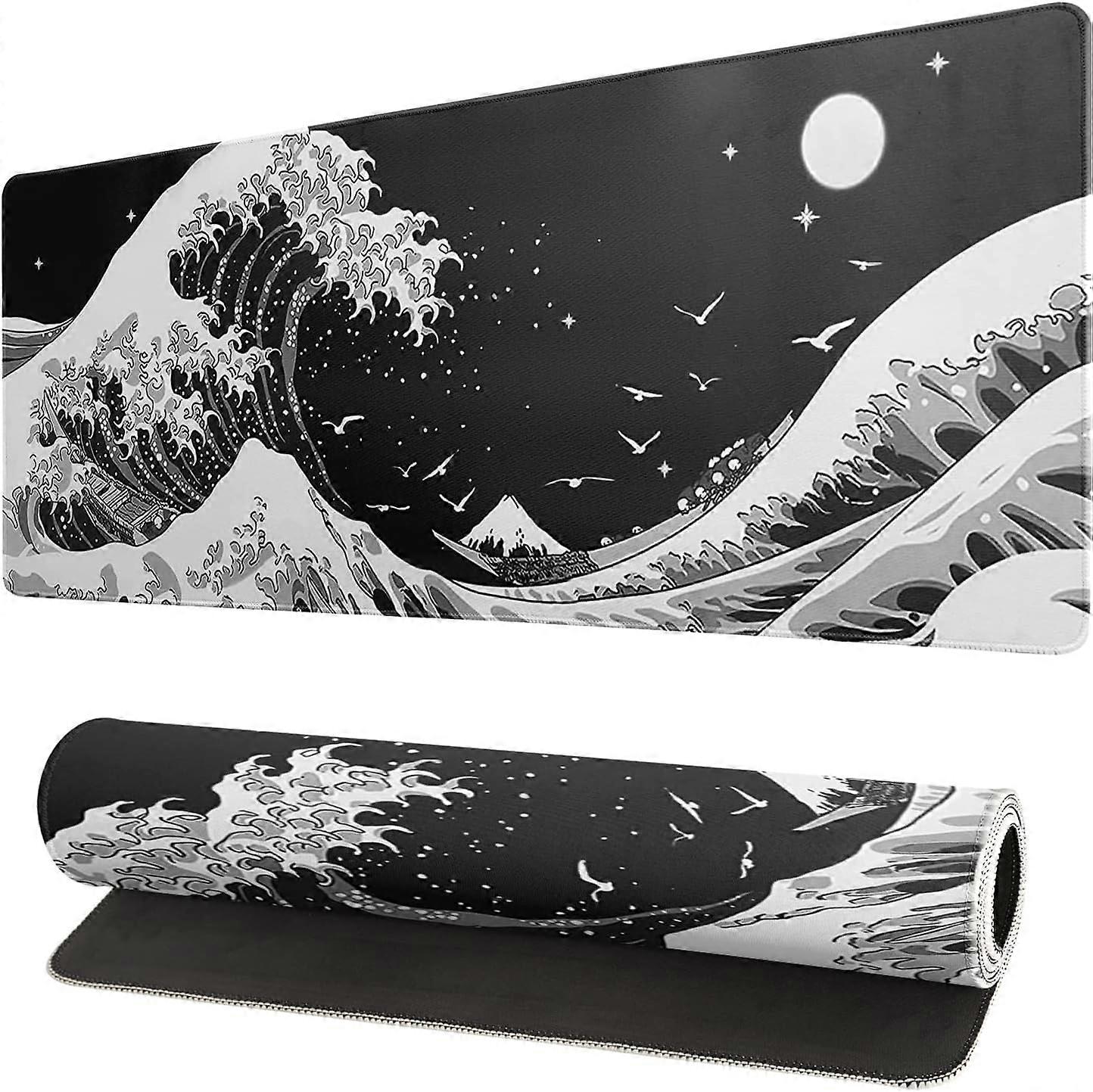 Black Gaming Mouse Pad 31.5x11.8 Inch Wave Texture Non-slip Rubber Bottom Wave Large Mouse Pad for Office Home