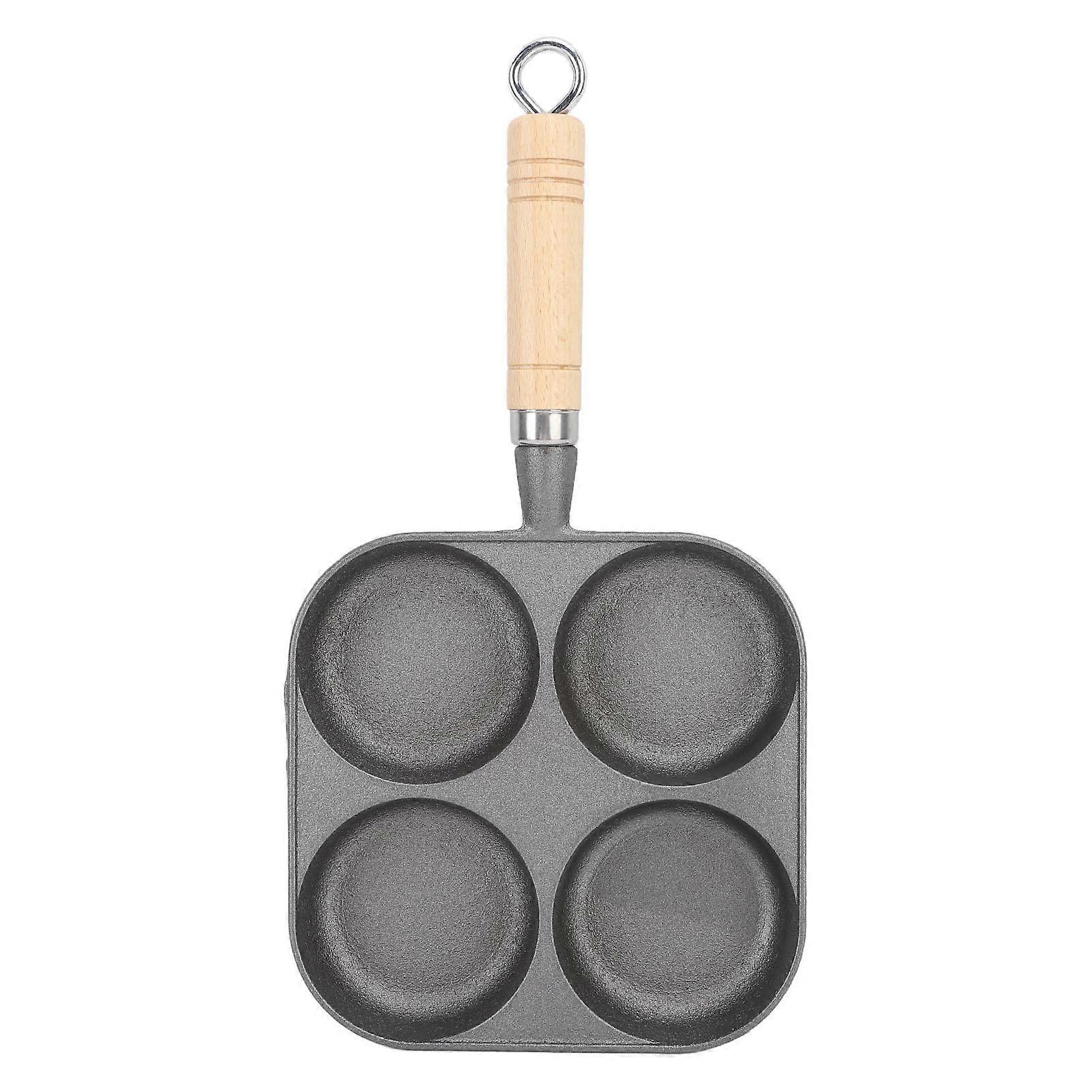 4 Cups Egg Frying Pan Prevent Stick Easy Clean Iron Egg Cooker Pan with Wooden Handle for Breakfast