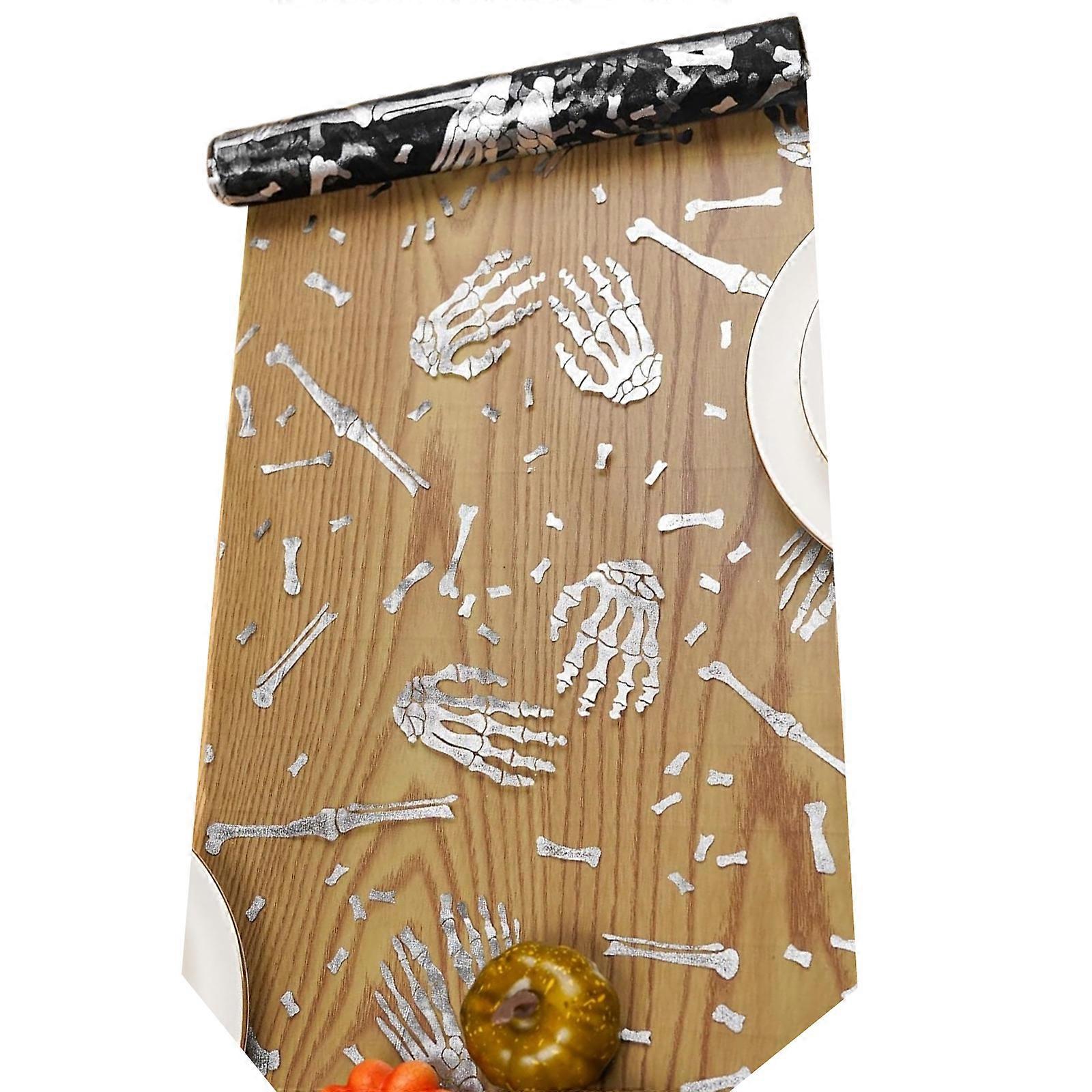 Gothic Shimmering Skeleton Print Table Cover Halloween Decors Polyester Mesh Table Runner Tablecloth for Event Styling  Black