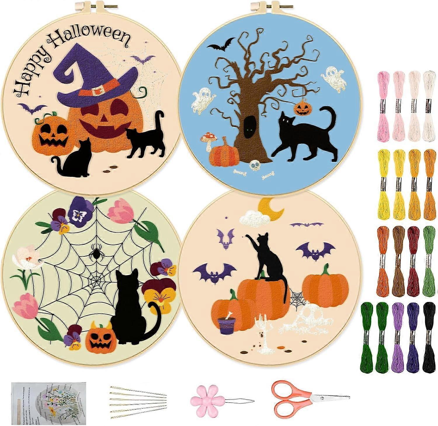 4 Pack Halloween Embroidery Kits for Beginners, Compatible with DIY Starter Hand Kits, Pumpkin, Black Cat, Spider Web, Bat Patterns & Instructions
