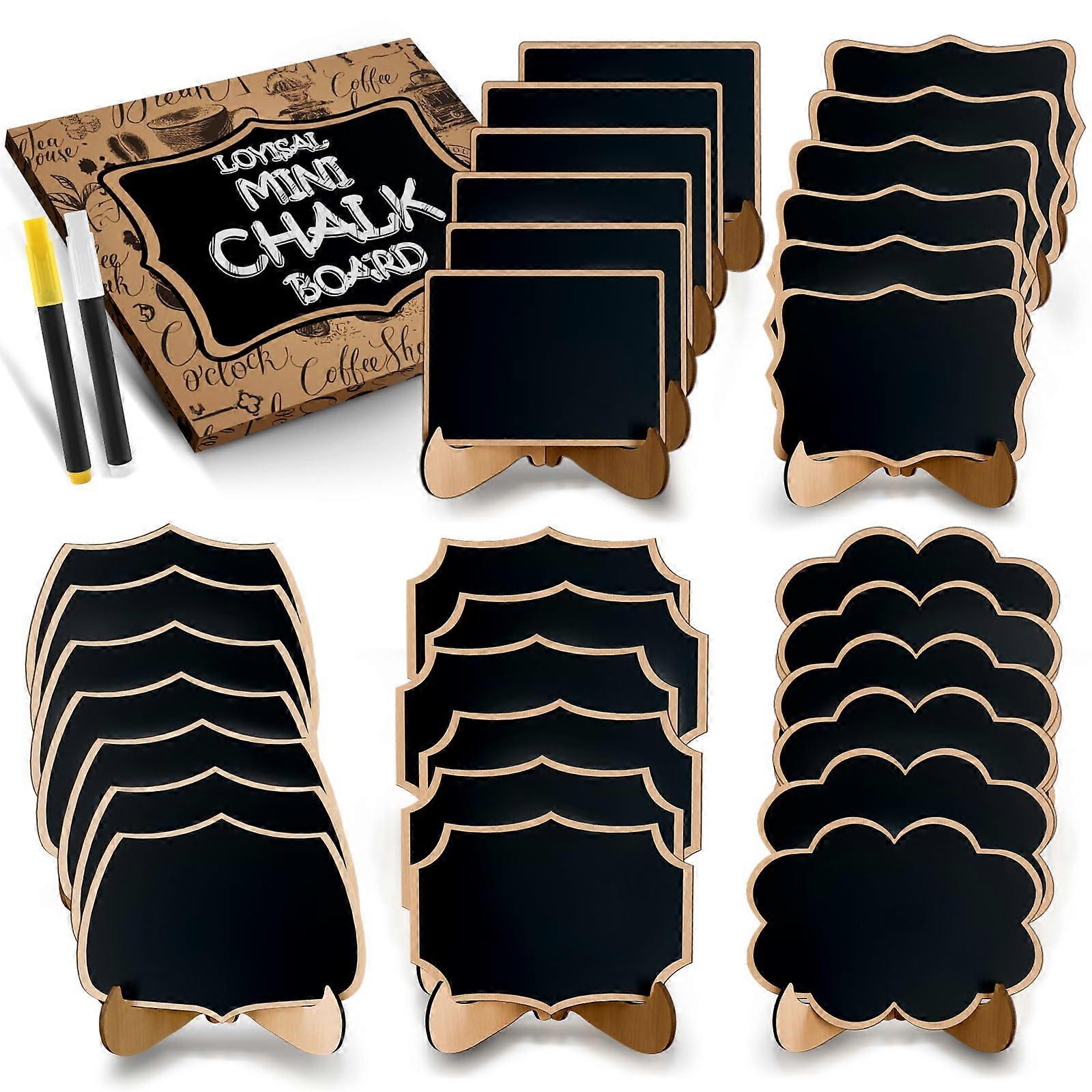 30Pack Mini Chalkboard Signs for Food Labels with Stands, 5 Shapes, Reusable Wooden Table Decor