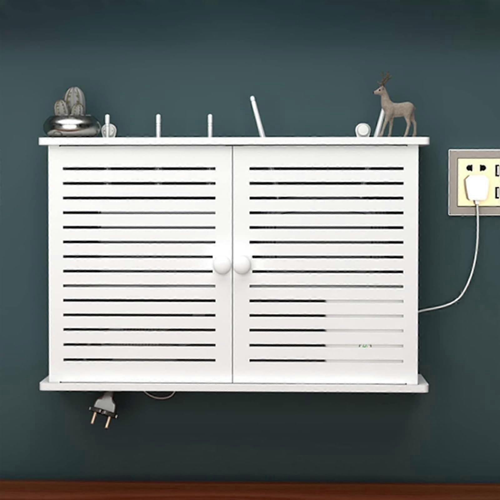 WiFi Router Wall Mount Storage Box with Cable Management, Floating Shelf Organizer, Double Door