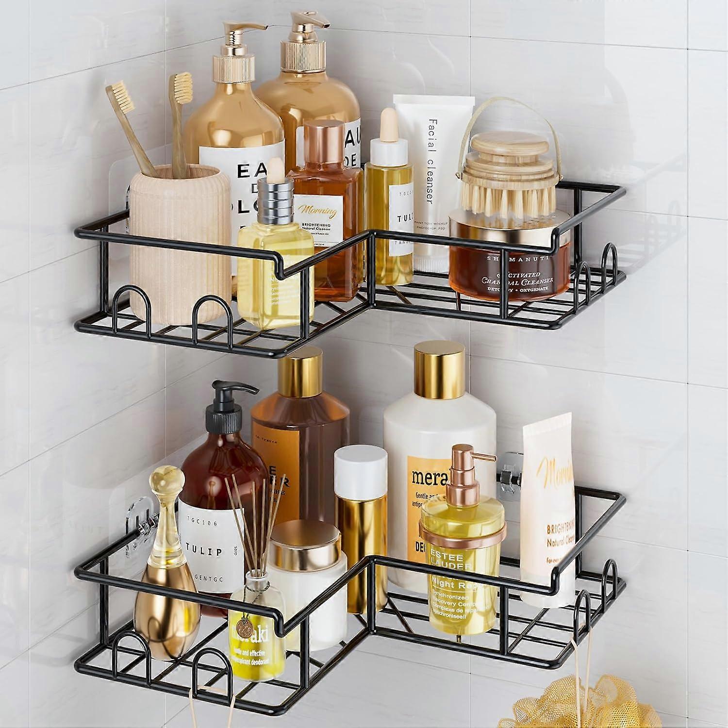 Corner shower rack, 2-pack rust-proof bathroom rack, no-drill shower rack, adhesive bathroom storage accessory with hooks, black.