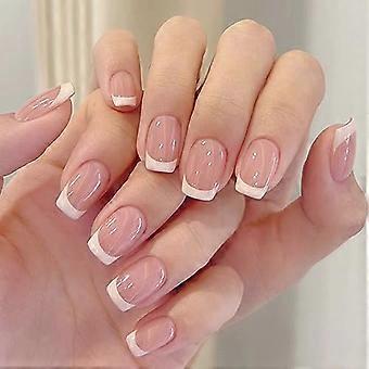 Press On Nails Short Square French Tip Fake Nails White Glossy Acrylic False Nails Set 24pcs