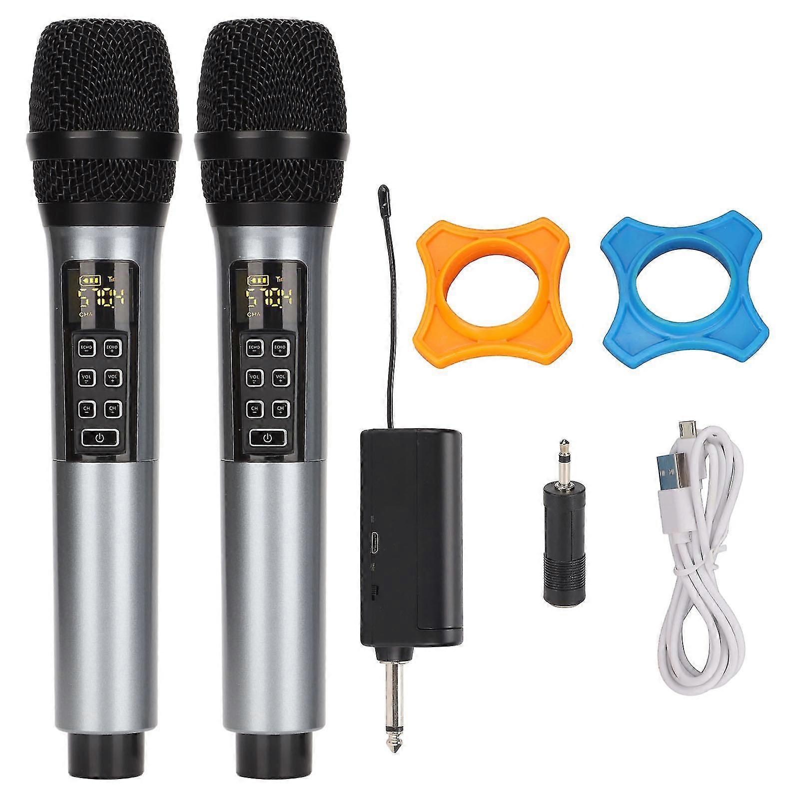 2pcs Wireless Microphone USB Rechargeable Fixed Frequency Handheld UHF Mic with Receiver for Karaoke Performances