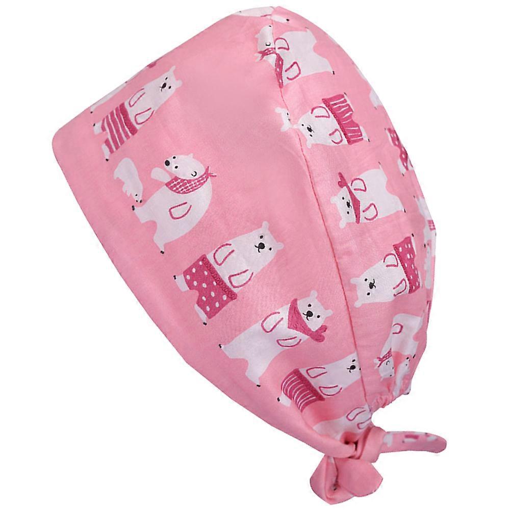 Pink Bear Printing Nurse Hat for Working Adjustable Cotton Cap