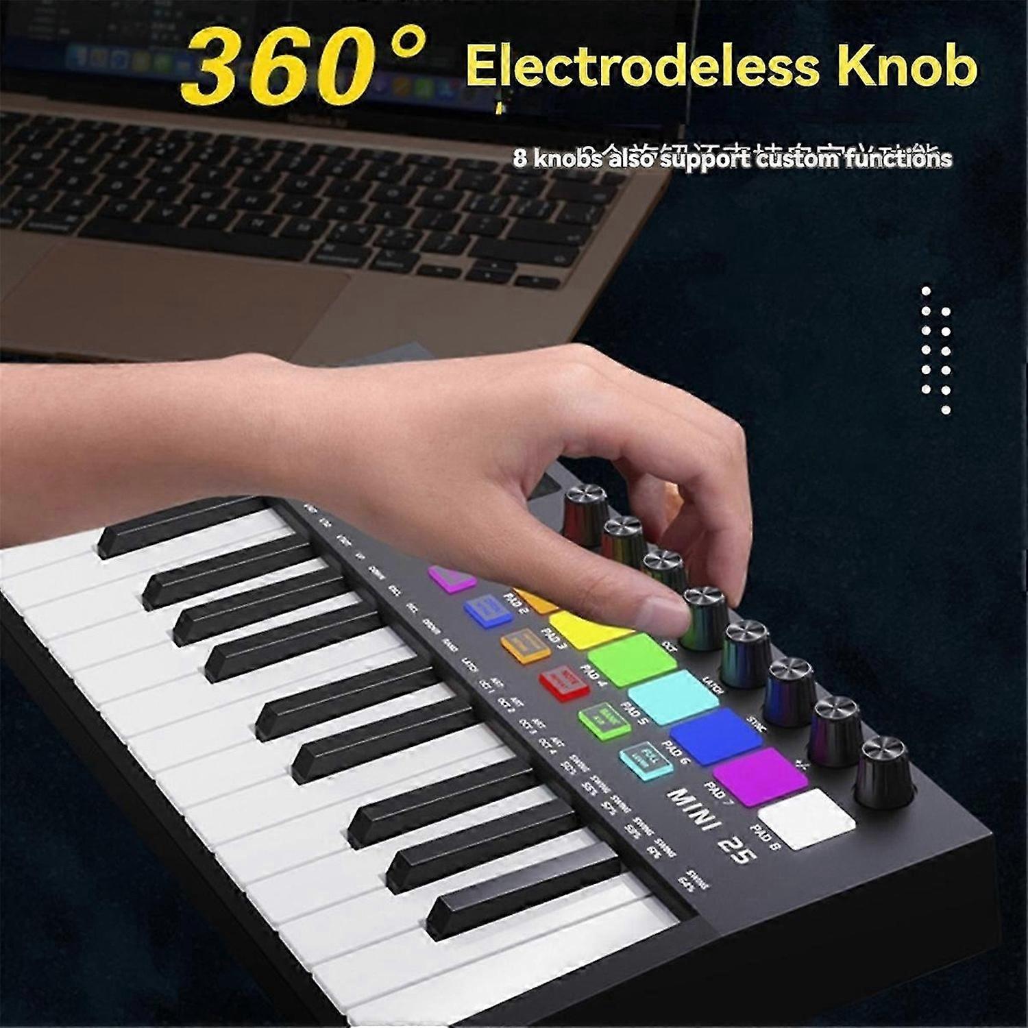 Mini Portable MIDI Control Keyboard, USB, Sequencer Keyboard, Backlit Drum Pads, 8 Knobs, OLED, 25-K