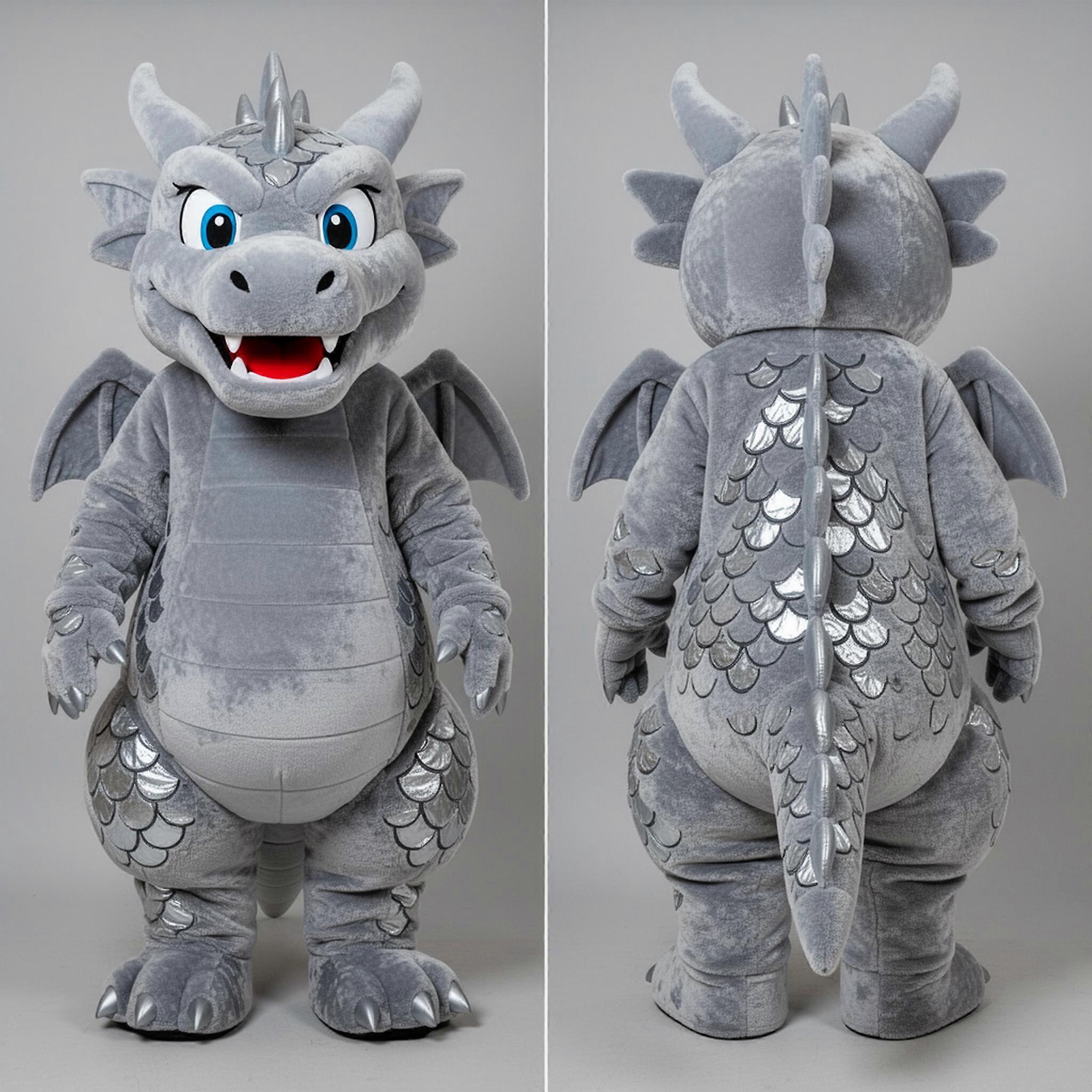 MASTICOT Silver Metallic Cartoon Dragon Mascot