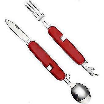 4 In 1 Multifunctional Tableware Folding Stainless Steel Spoon Fork Cutter Bottle Opener For Camping (red)1pcs