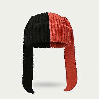 Women's Long Rabbit Ear Knit Beanie, Cute Colorblock Contrast Winter Hat, Warm Autumn Headwear