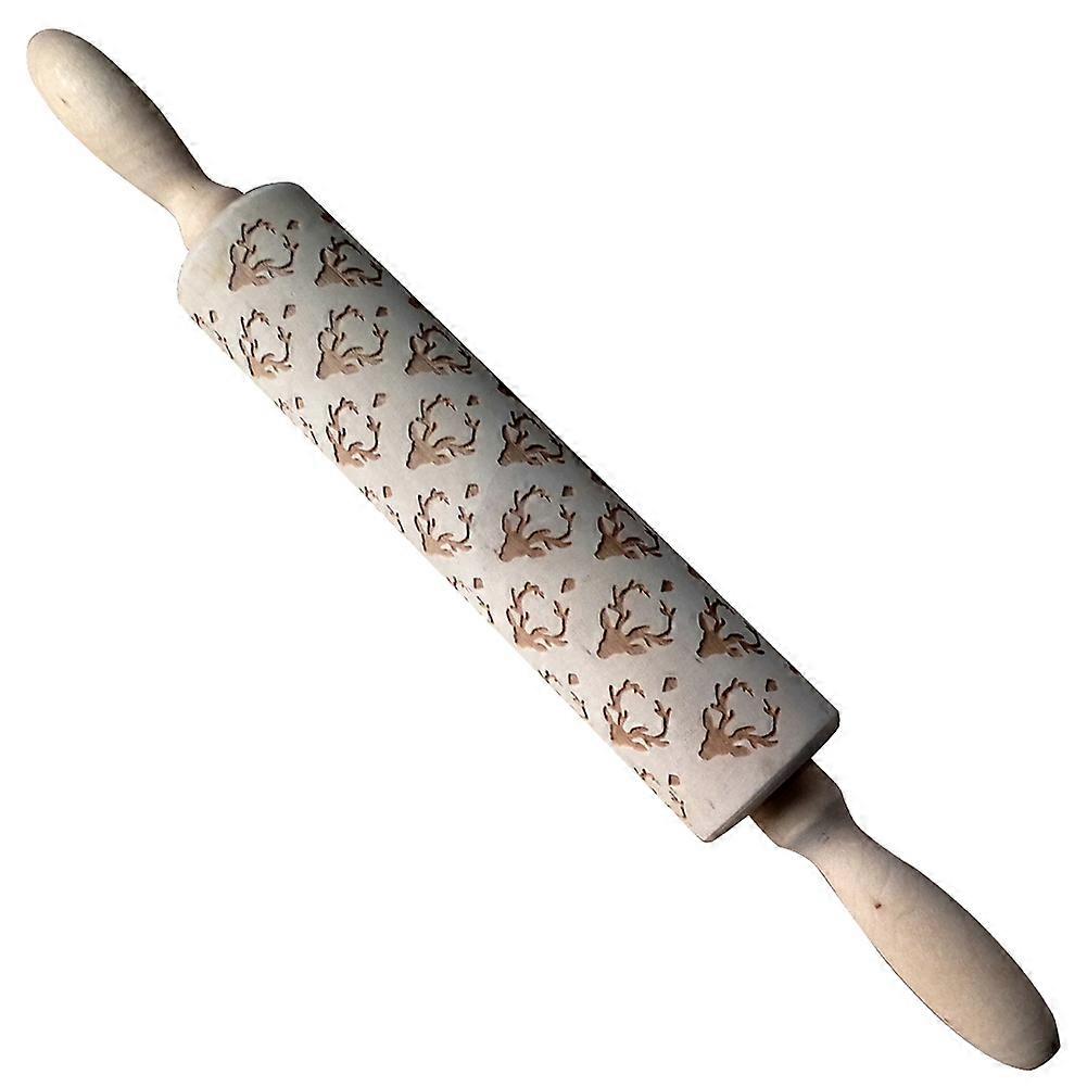 Kitchen Rolling Pin Bread Cookie Dough Roller with Deer Head Carving