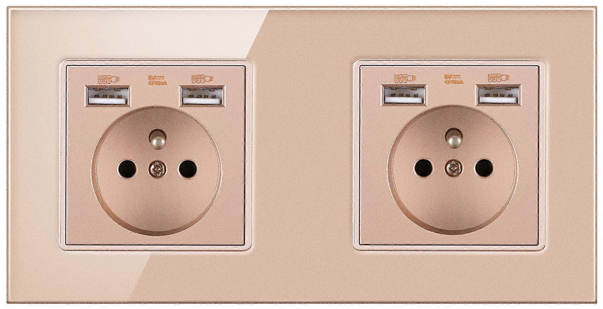 Two-slot Electrical Outlet With 4 Usb Ports Glass Panel Wall Power Plug Socket