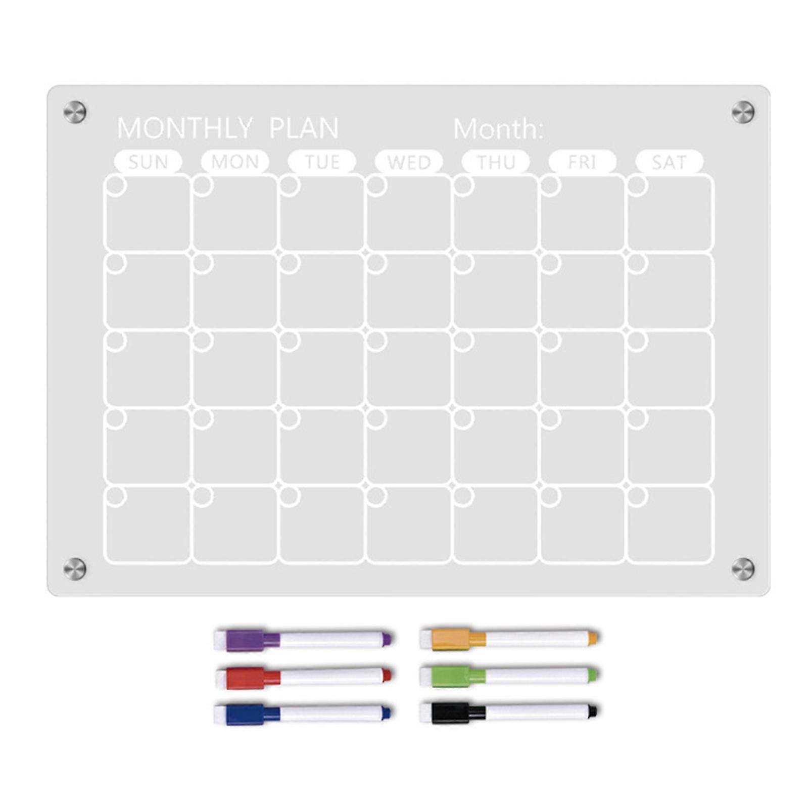1 Set Magnetic Calendar Whiteboard with 6 Colored Markers Clear Acrylic Dry-Erase Refrigerator Family Monthly Weekly Planning Schedule To-do List Mess
