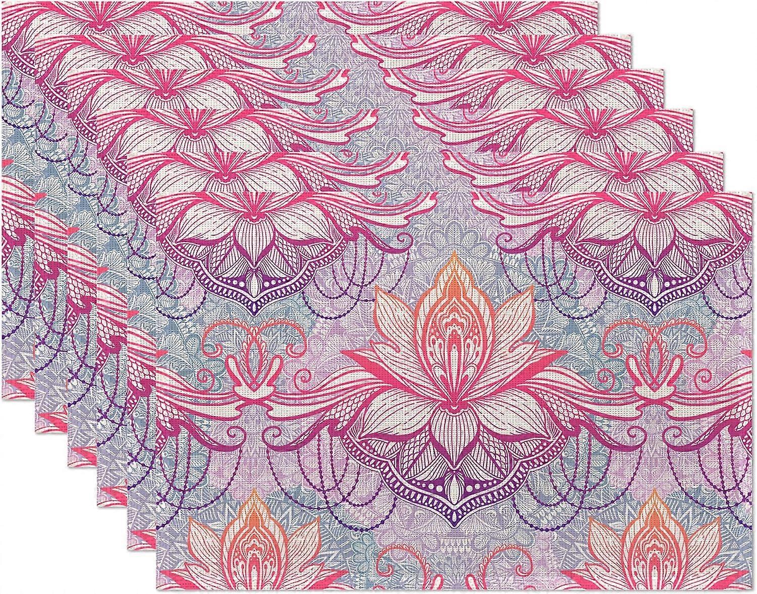 مجموعة مفارش زهرة لوتس ماندالا من 6 ، حصائر طاولة قابلة للغسل مقاومة للماء غير قابلة للانزلاق لتناول الطعام في المطبخ ديكور حفل زفاف 12x18 بوصة