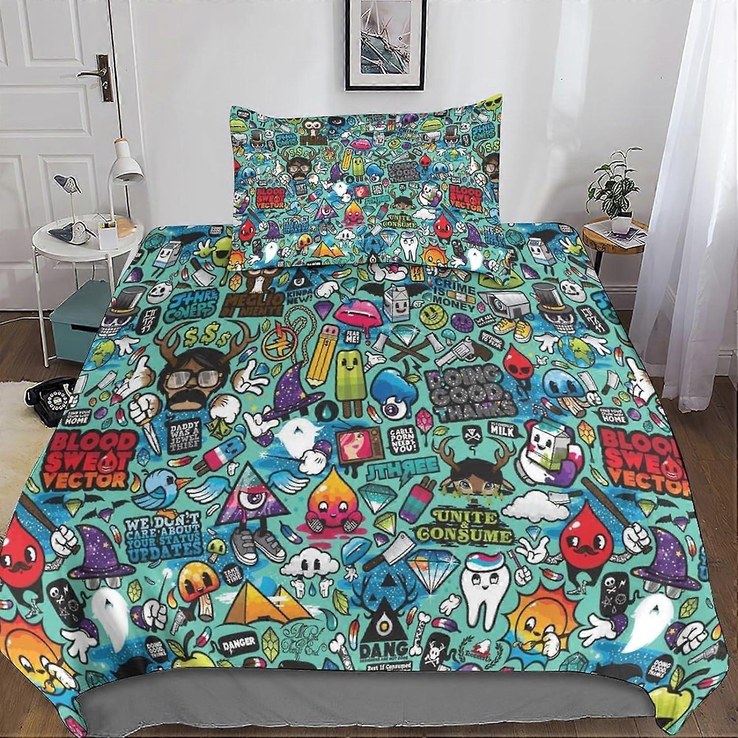 doodle Bedding Set with Microfiber Duvet Cover + Pillowcases 3D Printed Colorful Duvet Cover Sets with Zipper Closure 2 Pcs Single