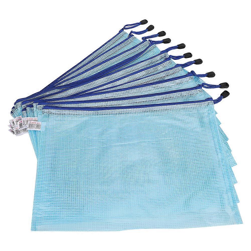 10pcs Mesh Zipper Bag A4 File Folder PVC Transparent Information Pack Document OrganizerLight Blue