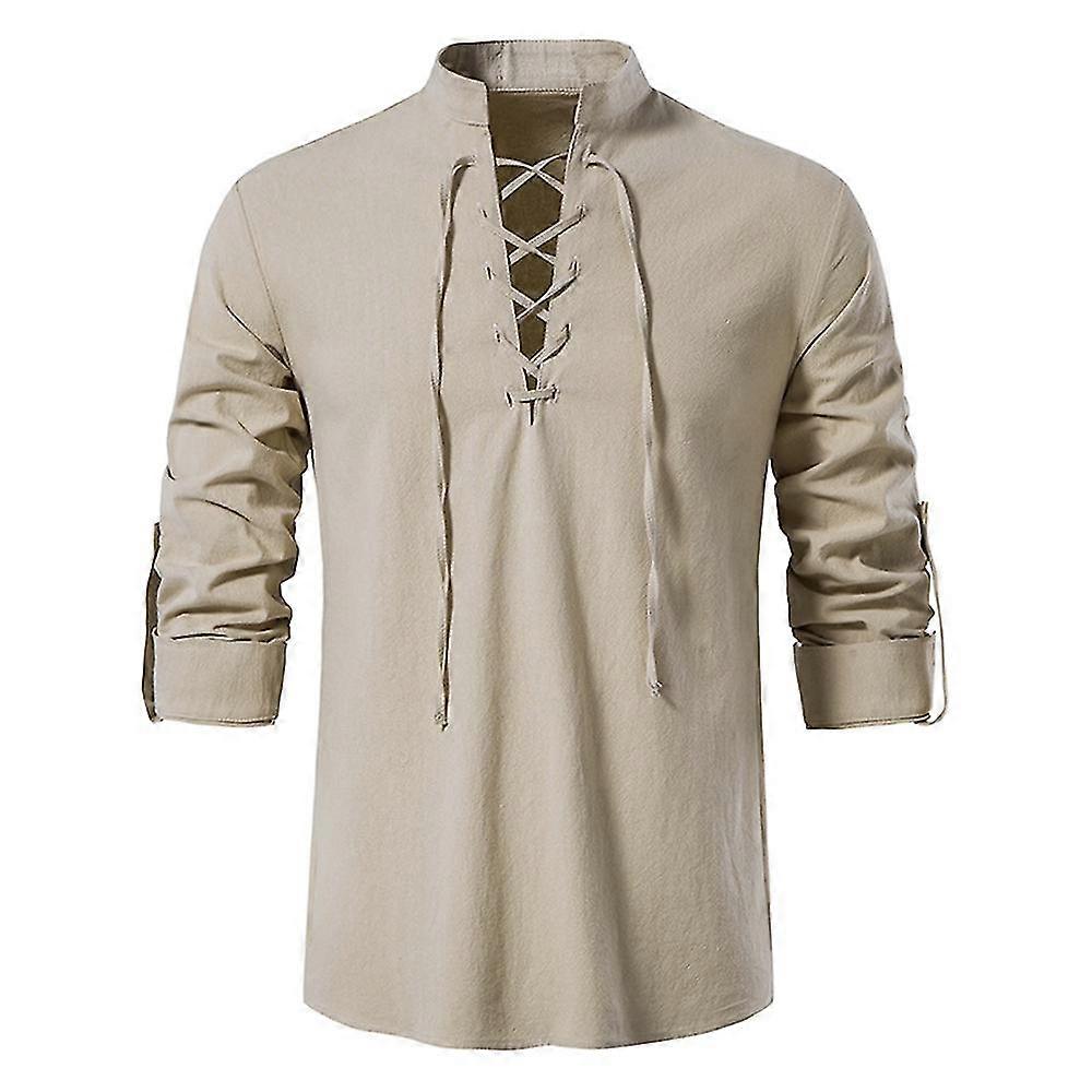 Camicia casual da uomo in cotone e lino con scollo a V e maniche lunghe