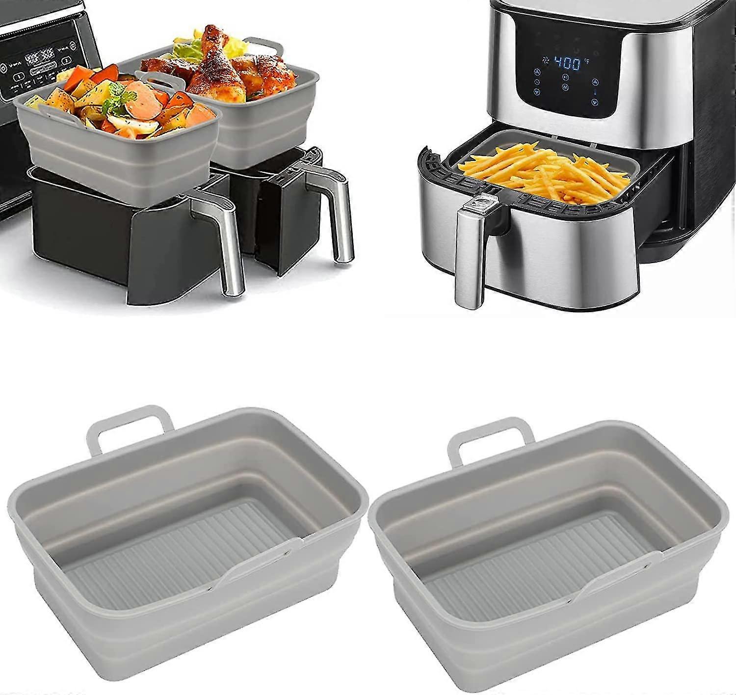 2 Piece Gray Rectangular Air Fryer Tray With Double Pull Out Basket Collapsible Silicone Fryer Tray