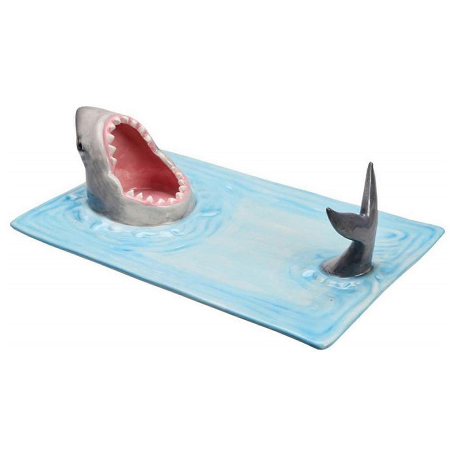 Sushi Plate Ceramic Shark Shape Sushi Tray Sushi Boat Serving Tray Creative Shark Attack Sushi Plate with Sauce Holder Rectangle Sushi Cheese Plate Ha