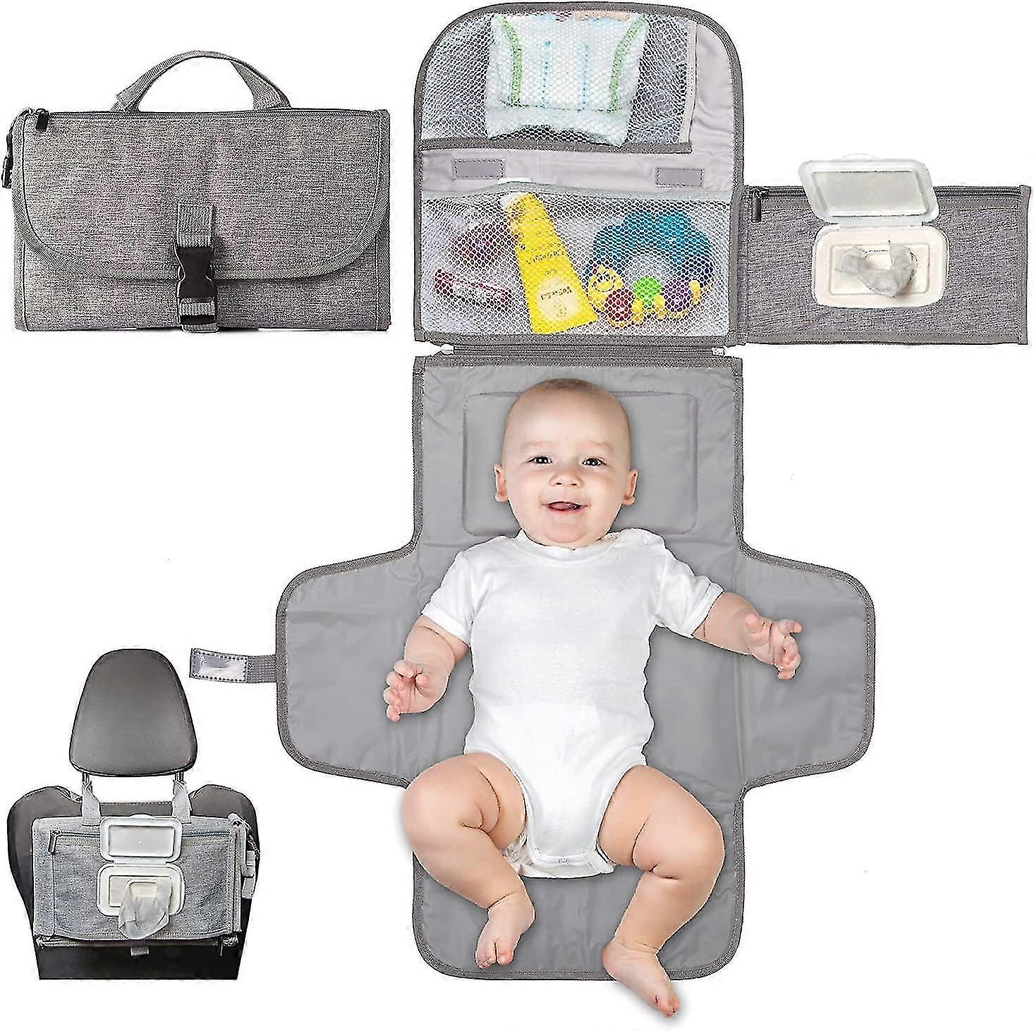 Portable And Waterproof Changing Pad -with 6 Pockets W/a Wipe Dispenser And Cushion For Baby's Head(grey)