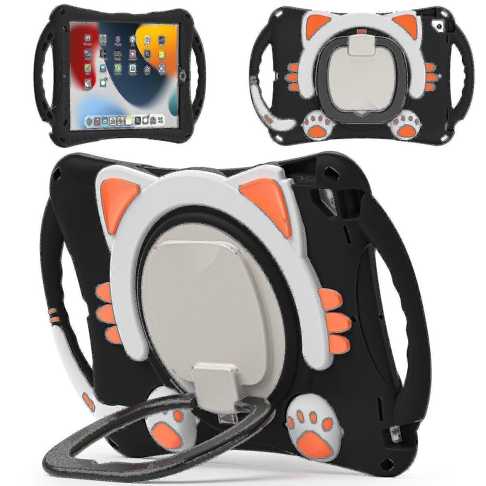 Kid Friendly Cat Design Case pour Ipad 10,2 pouces 2019/2020/2021 avec grand support d’anneau, deux poignées portables, couverture de protection de caméra