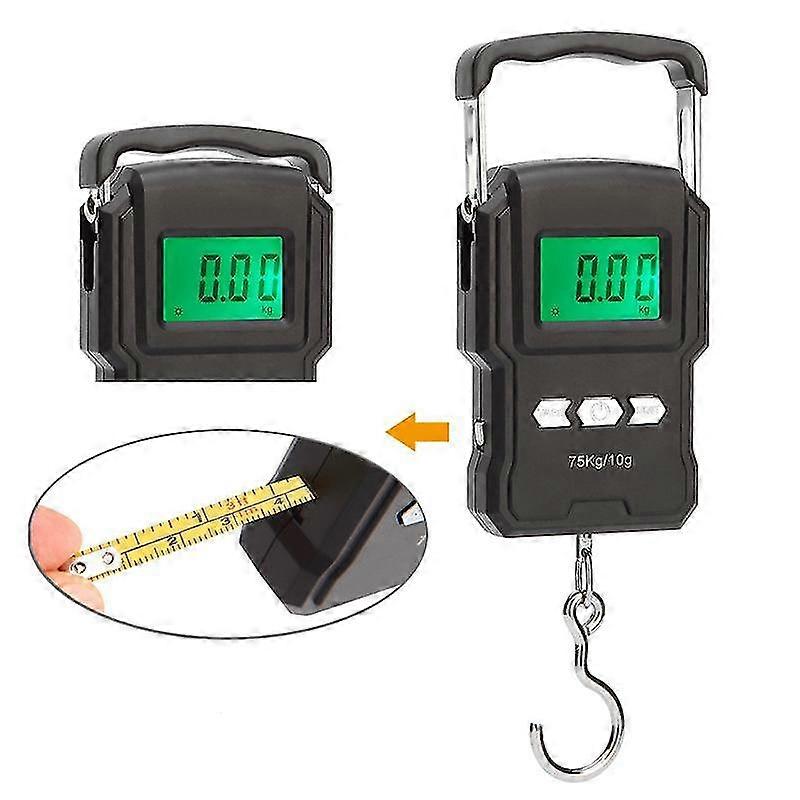 Portable Electronic Scale, 165lbs/75kg LCD Backlit Digital Fish Hook Hanging with Tape Measure Ruler