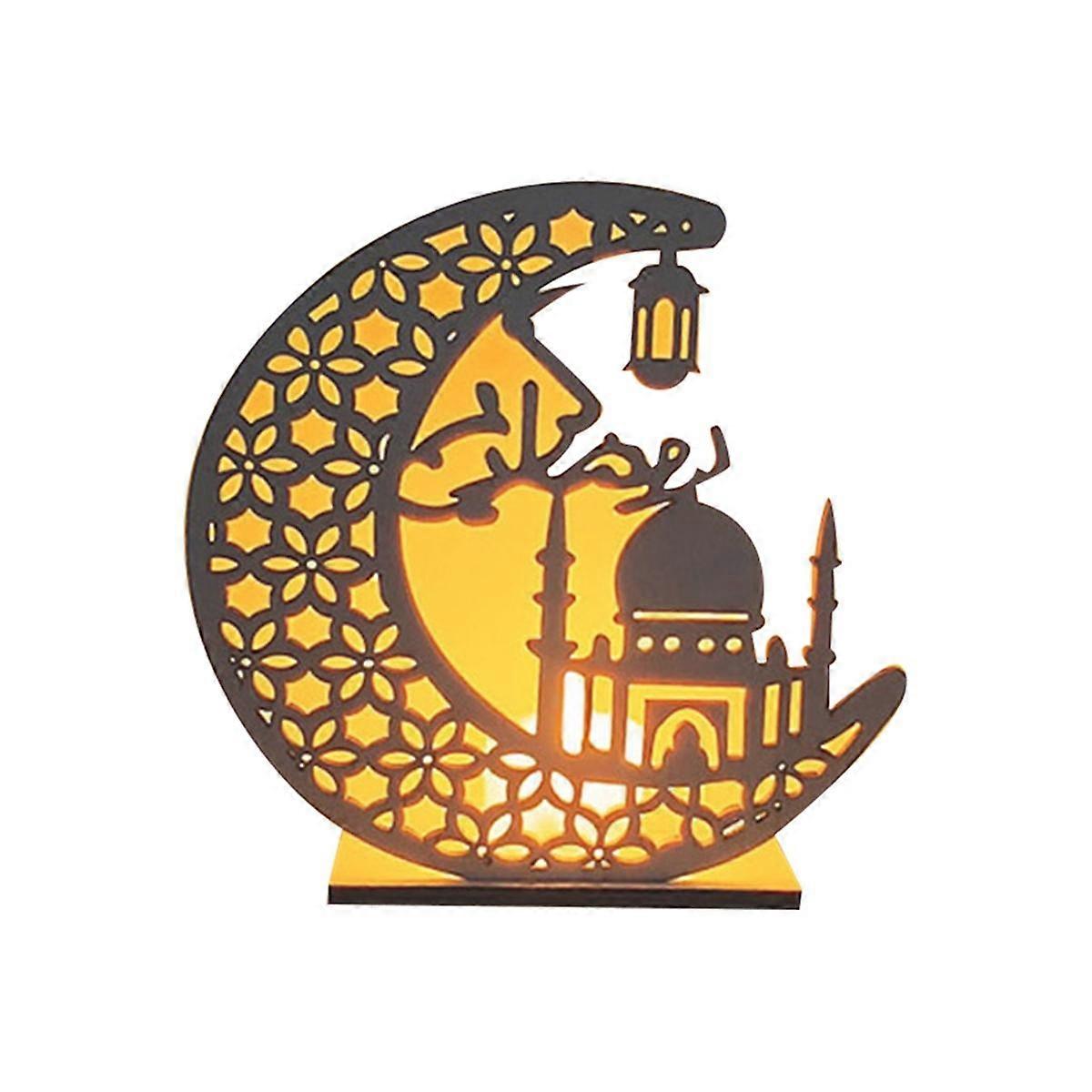 Wooden Crafts Ornament Lamp Middle East Festival Eid Decorative Lamp Moon LED Decorative Lamps, B