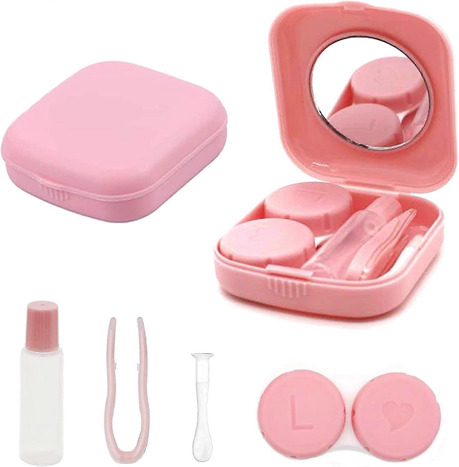 Portable Contact Lens Case Hygiene Contact Lens Case Travel Set with Mirror for Daily Trips like Travel and Work (Pink)