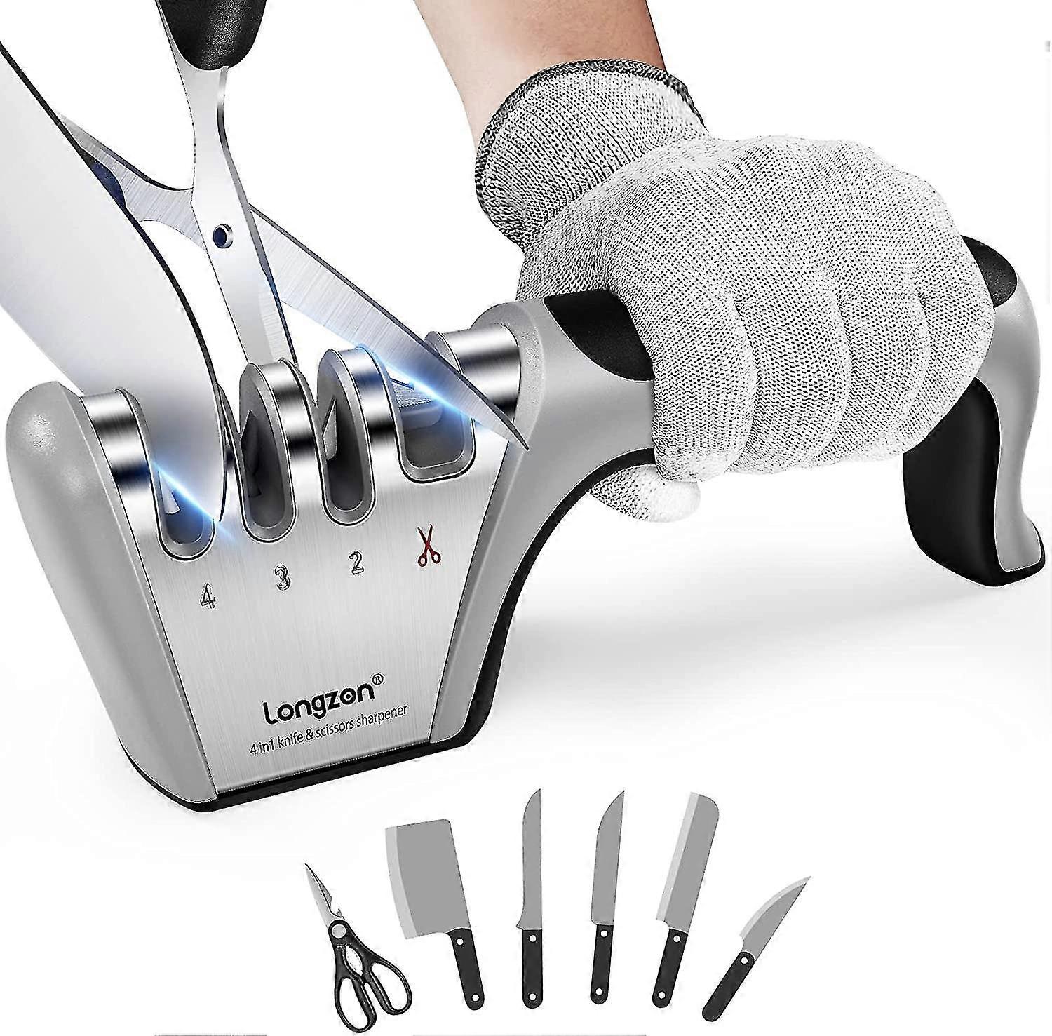 Knife Sharpener, 4 Levels Manual Knife Sharpener With Anti-cutting Gloves For Coarse Sharpening And Scissor Sharpening, Diamond For Fine Sharpening An