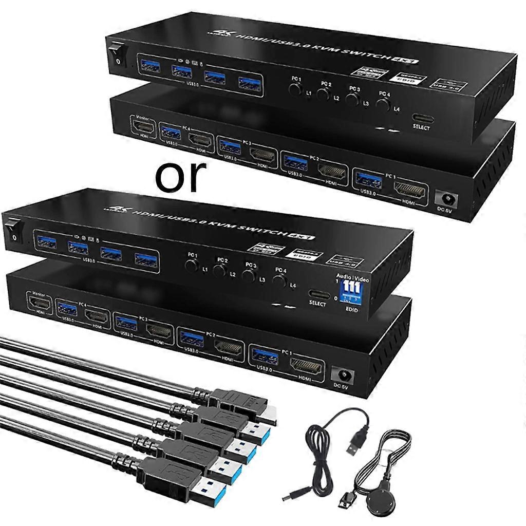 USB3.0 HDMI-compatible KVM Switch with 4 USB Cables and Remote Control