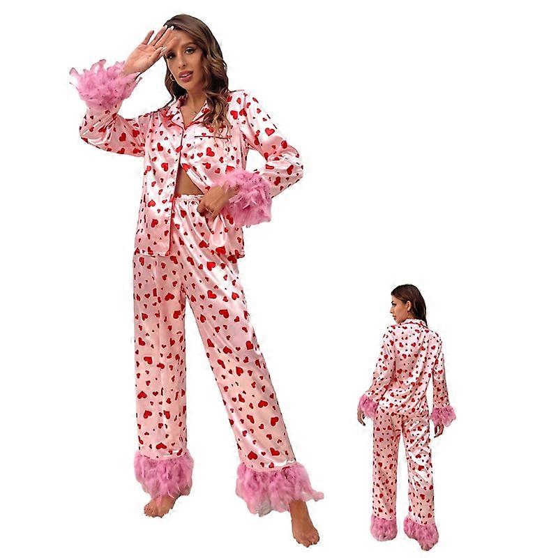 Women's Heart Lapel Fuzzy Loungewear Pajama Set for Valentine's Day
