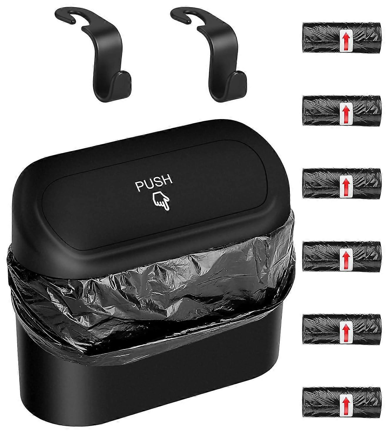 Car Bin, Car Trash Can with Lid, Multifunctional Mini Trash Bin for car with 90 Pcs Trash Bags & 2 Car Hooks, Push-on Design Car Bins, Cute Car A