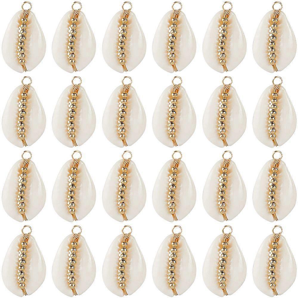 30Pcs Natural Cowrie Shell Copper Wire Wrapped Pendants Shell Charms with Golden Tone Brass Spacer Beads White 25.5x13.5x8mm Hole: 2.8mm