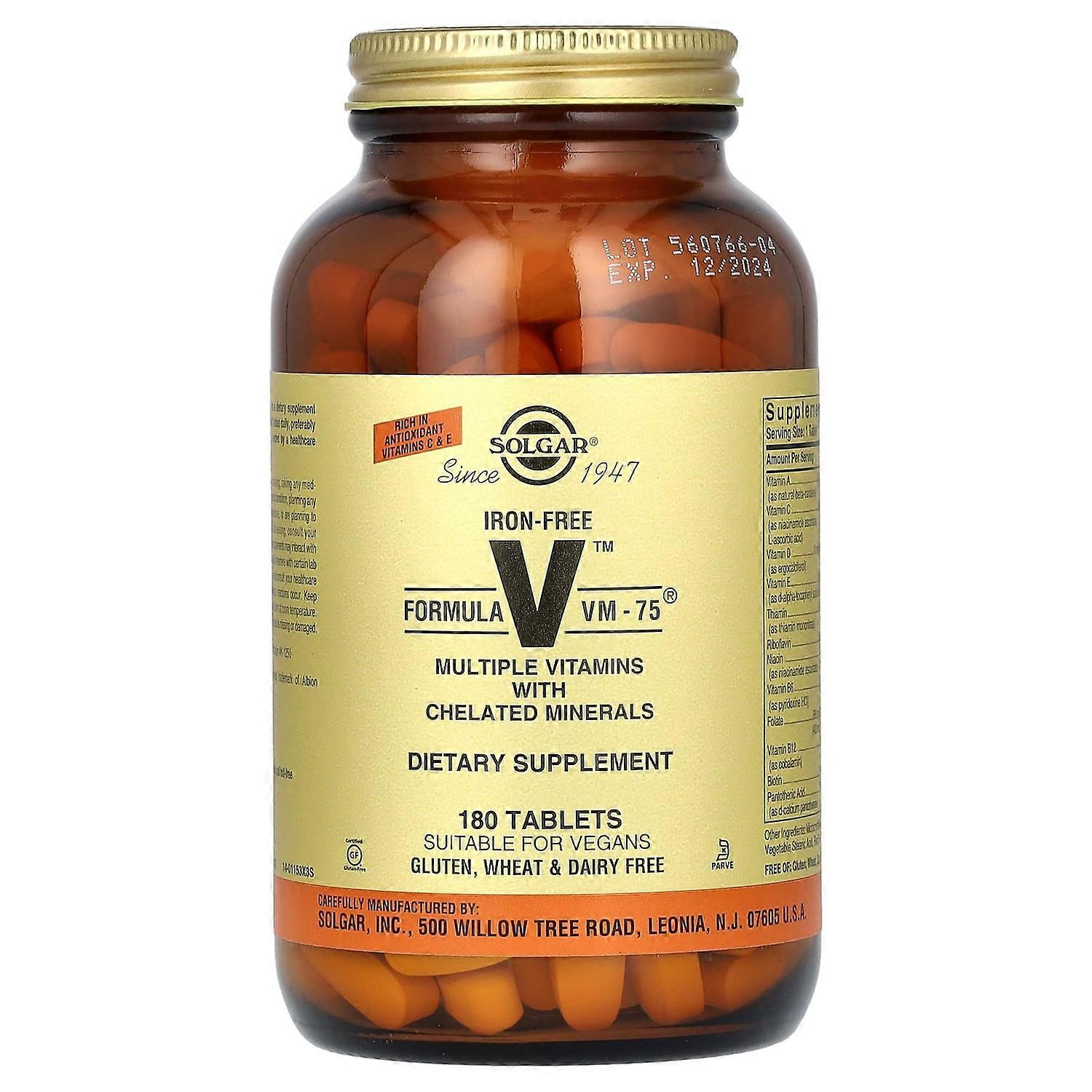 Solgar, Formula V VM-75, Multiple Vitamins with Chelated Minerals, Iron Free, 180 Tablets