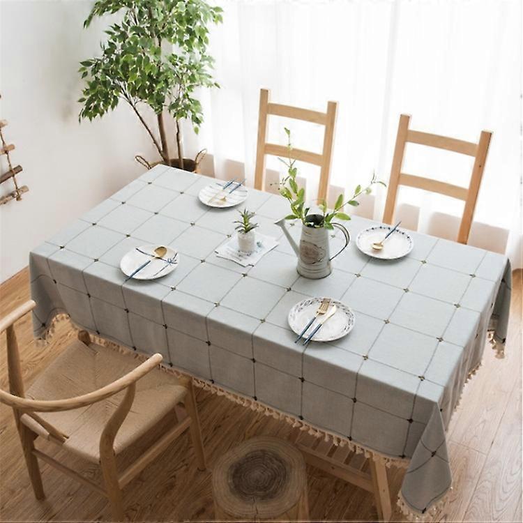 Square Lattice Embroidered Tablecloth Pure Color Cotton Linen Tassel Rectangular Coffee Table Mat 110x170cm