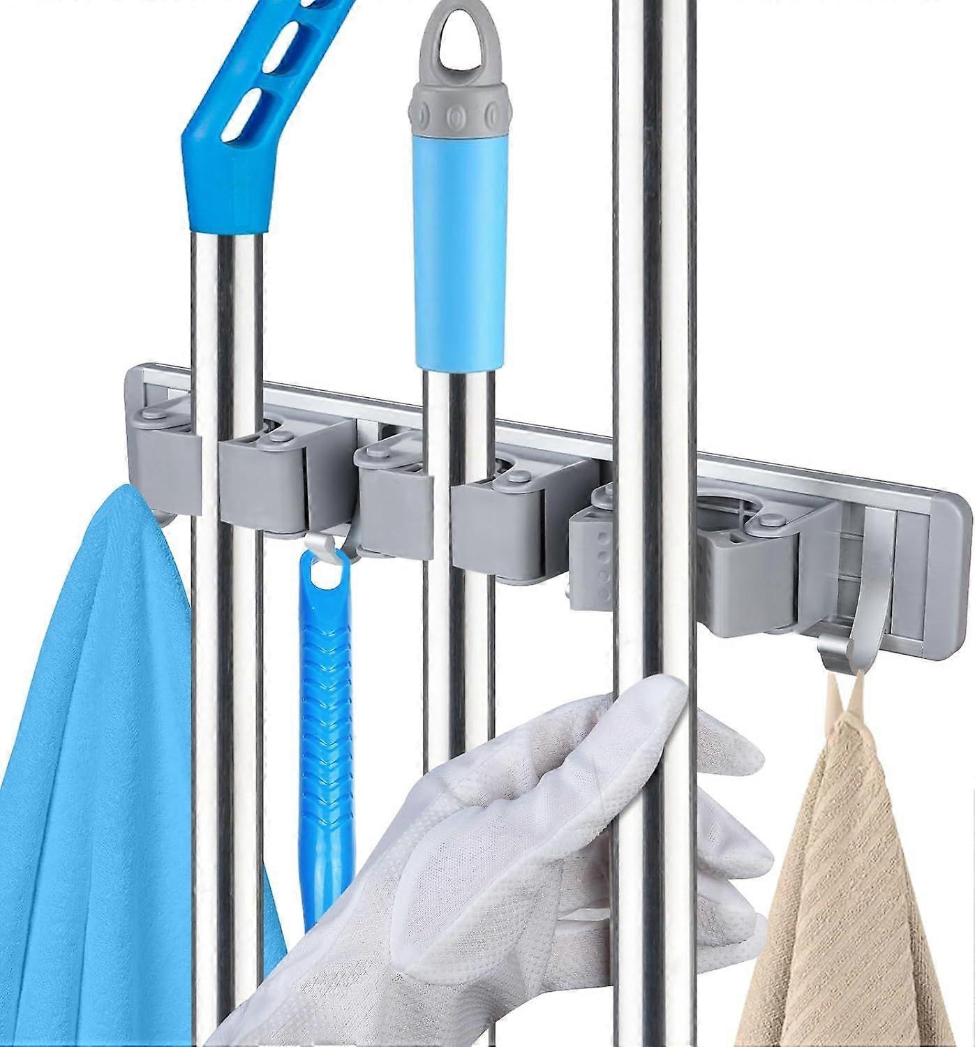 壁掛け式ほうきホルダー、壁掛け式モップホルダー、家庭用、キッチン、ガレージ、庭用の3つのスロットと4つのフックホルダー付きほうきホルダー