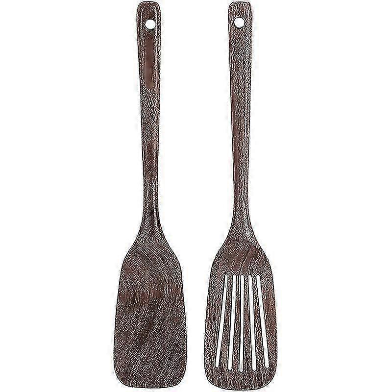 Wooden Spatula&Slotted Spatula for Cooking,Black Walnut Long Handle Wood and Slotted Turner for Non
