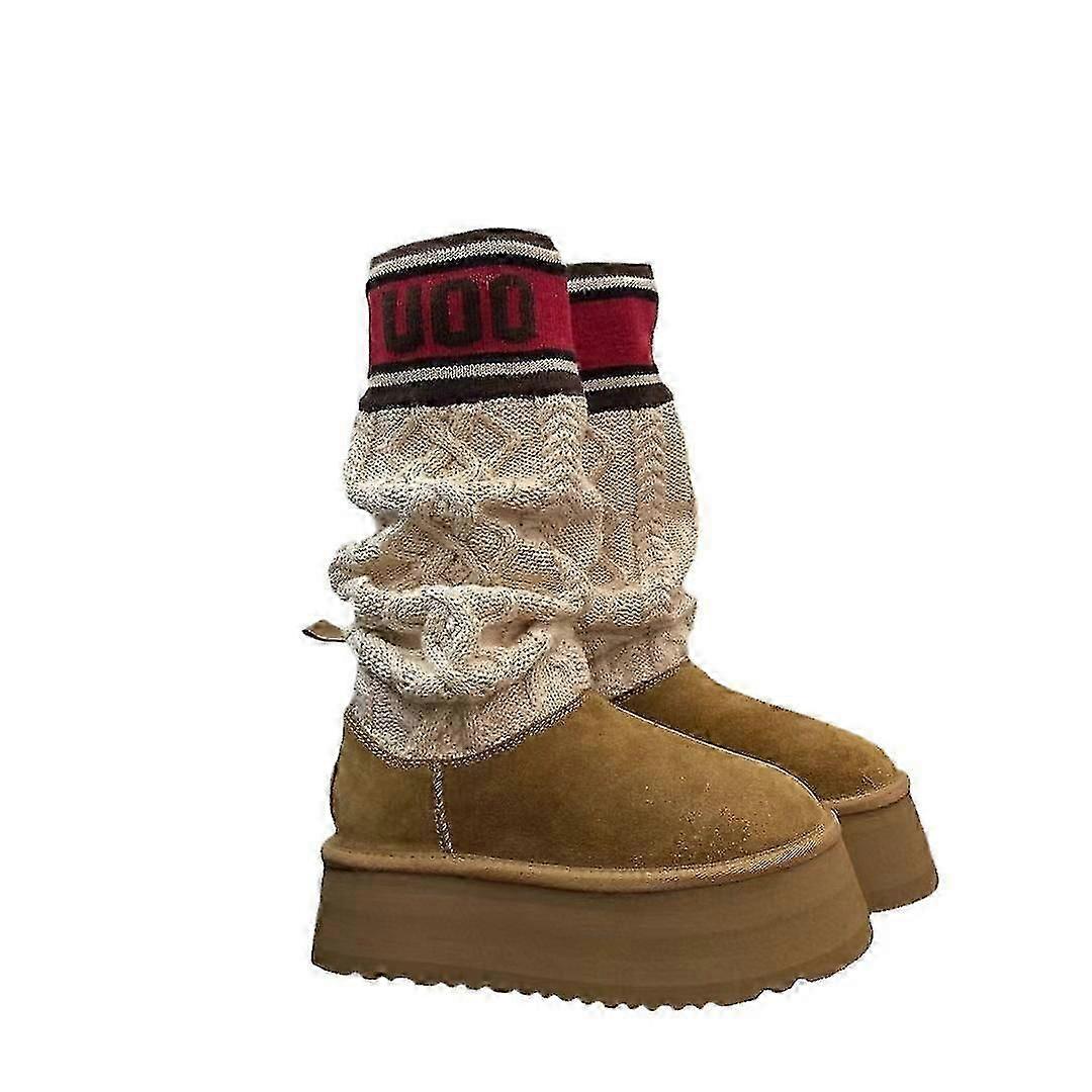 Thick Soled Sock Boots, Knitted Wool Over Knee High Barrel Pencil Boots40black