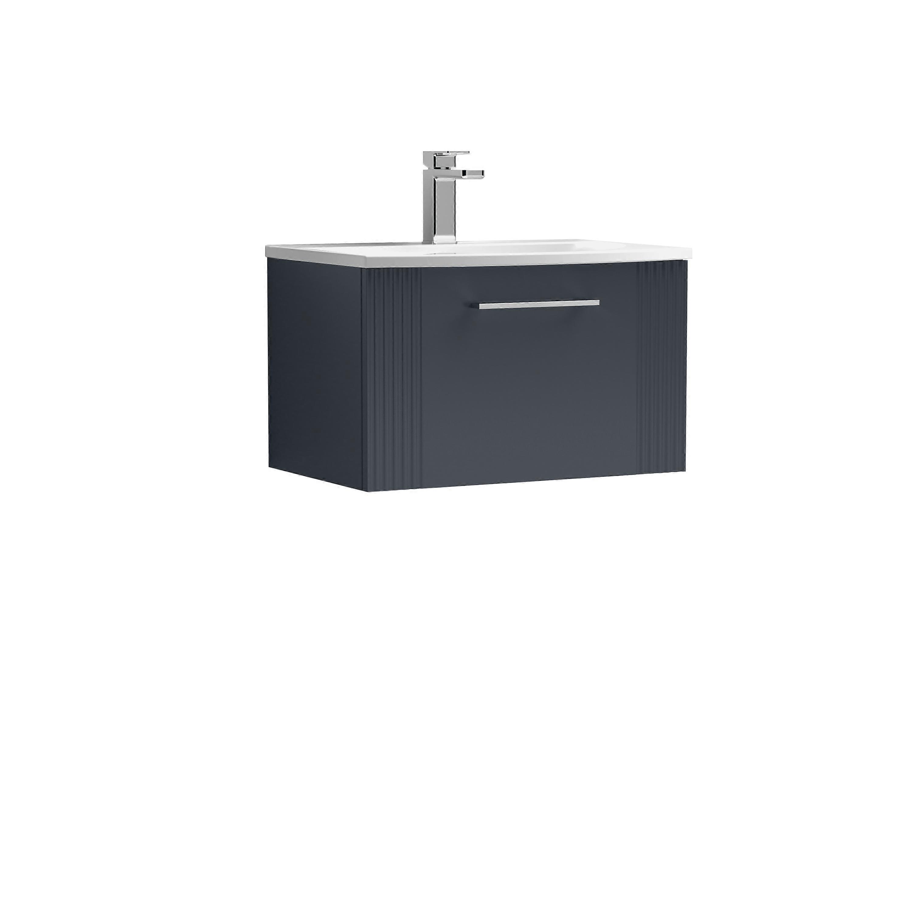 Partial Fluted 1 Drawer Wall Hung Vanity Unit with 1 Tap Hole Curved Basin- 600mm - Satin Dark Grey Faucet