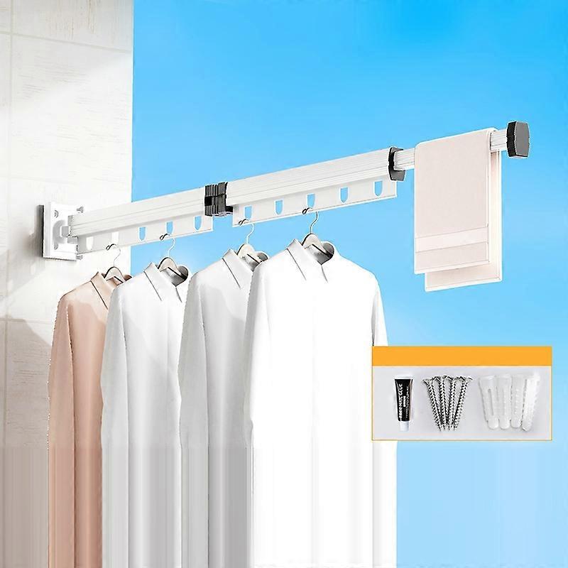 2 Sections Folding Balcony Clothes Drying Rack Wall Mounted Retractable Clothing Pole - White