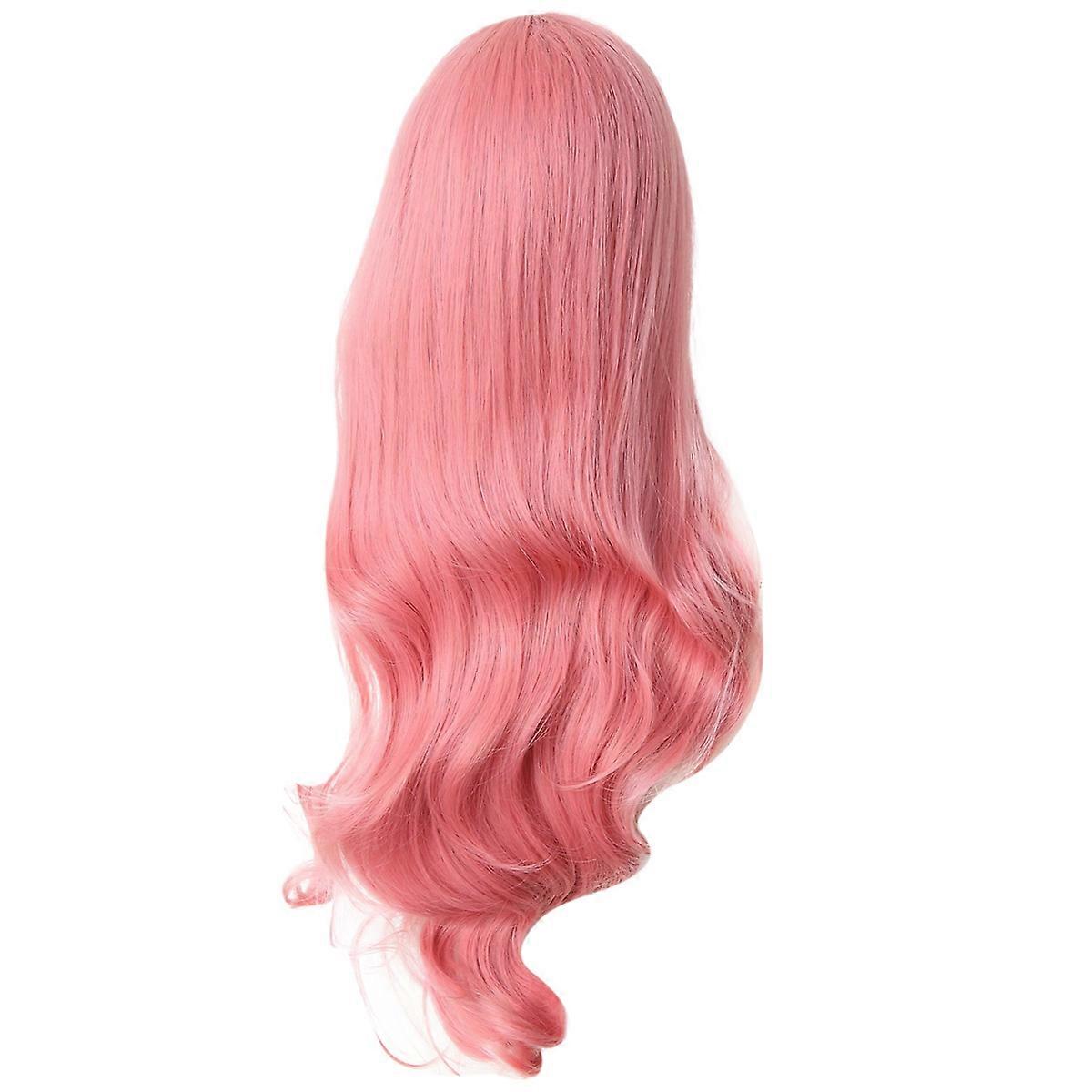 Smoke pink wig long wavy bangs, realistic synthetic fiber wig