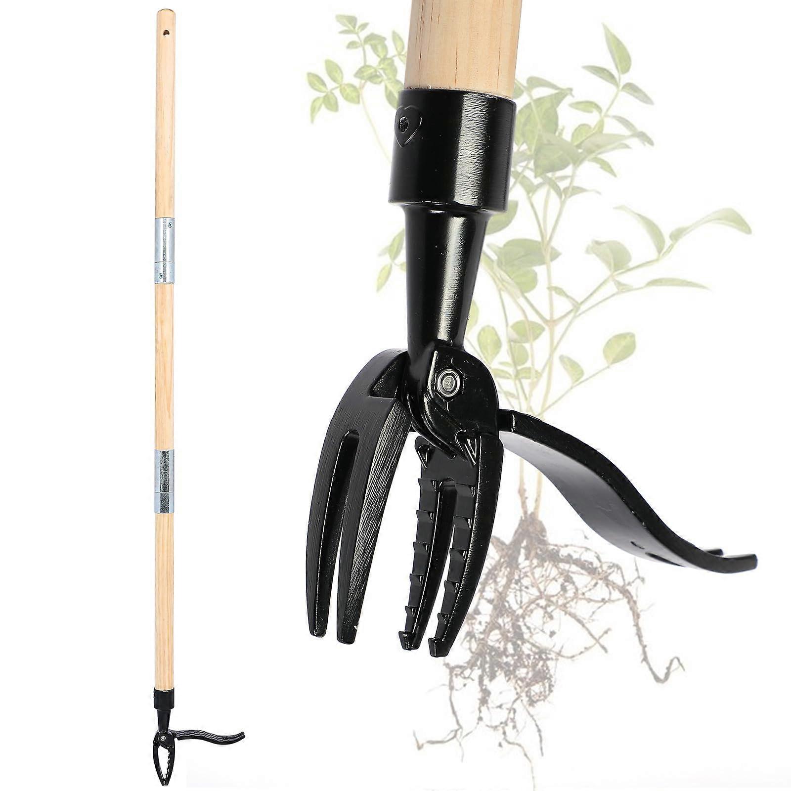 Manual Weeder Tool - Stand Up Weed Puller with Long Real Wood Handle & 4-Claw Steel Head for Easy Weed Removal