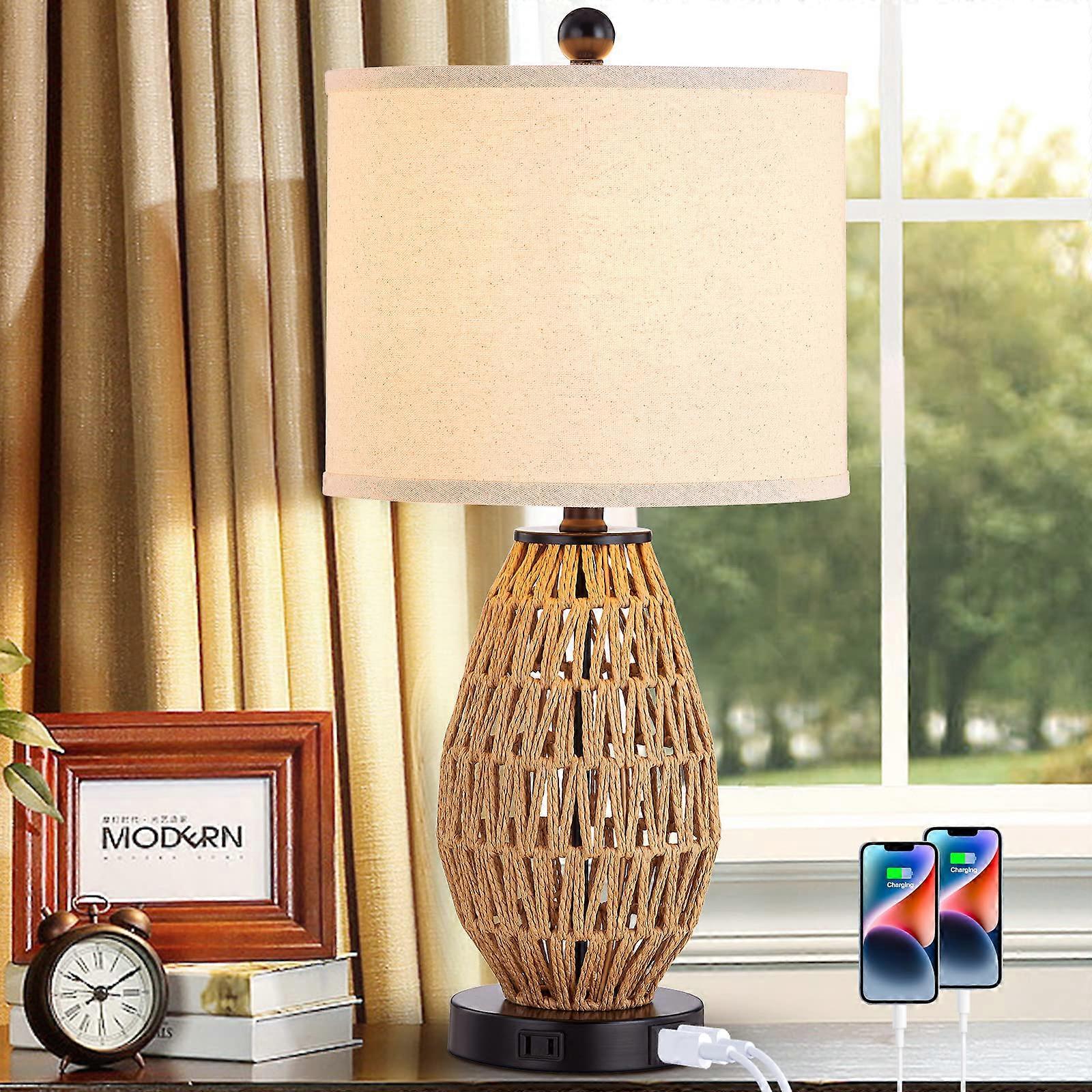Touch Control Rattan Table Lamps, 3 Way Dimmable Bedside Lamps with 2 USB Ports and AC Outlet