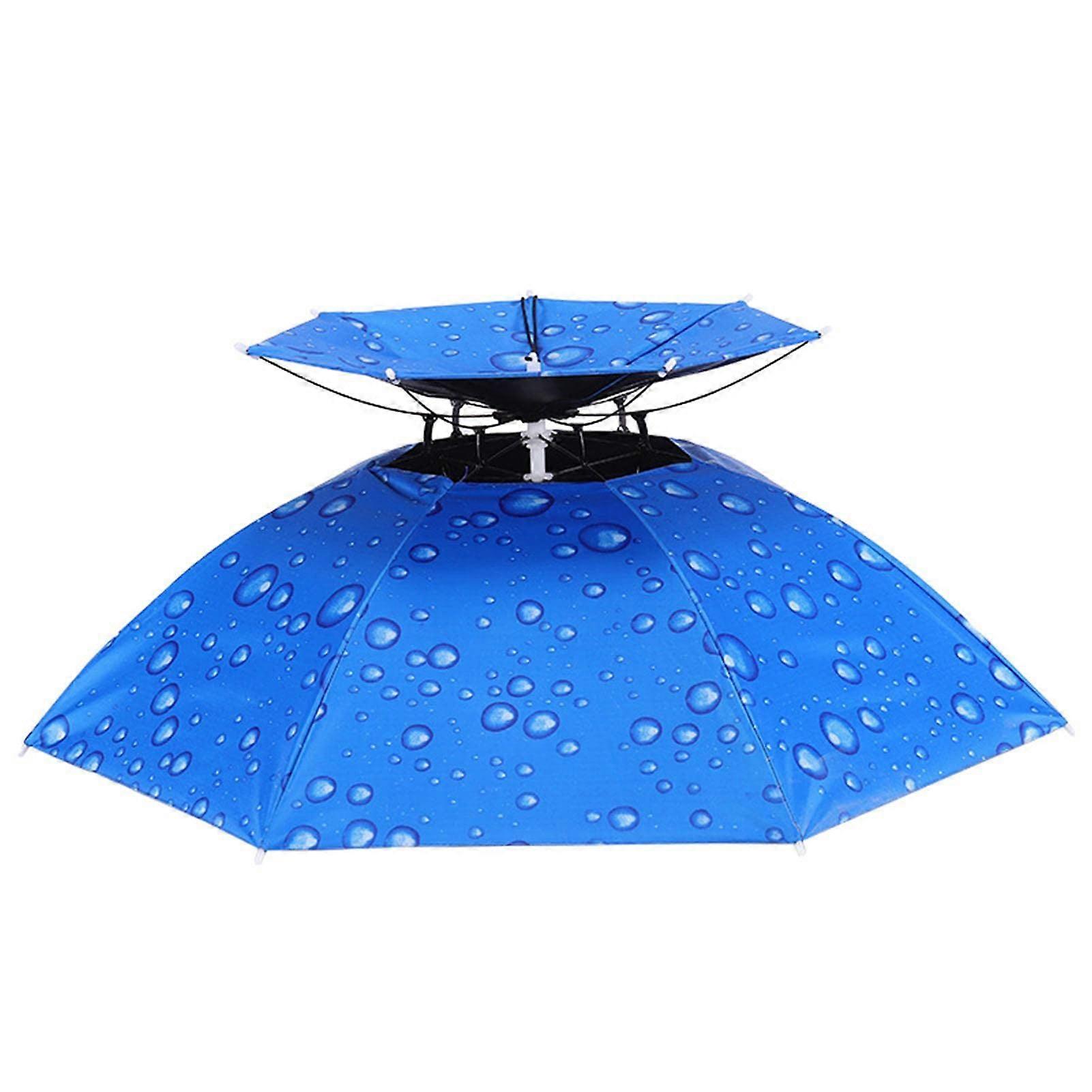 Fishing Umbrella Hat Head Mounted Double Layer Sun Protection Foldable Adjustable Multifunctional Headwear Blue