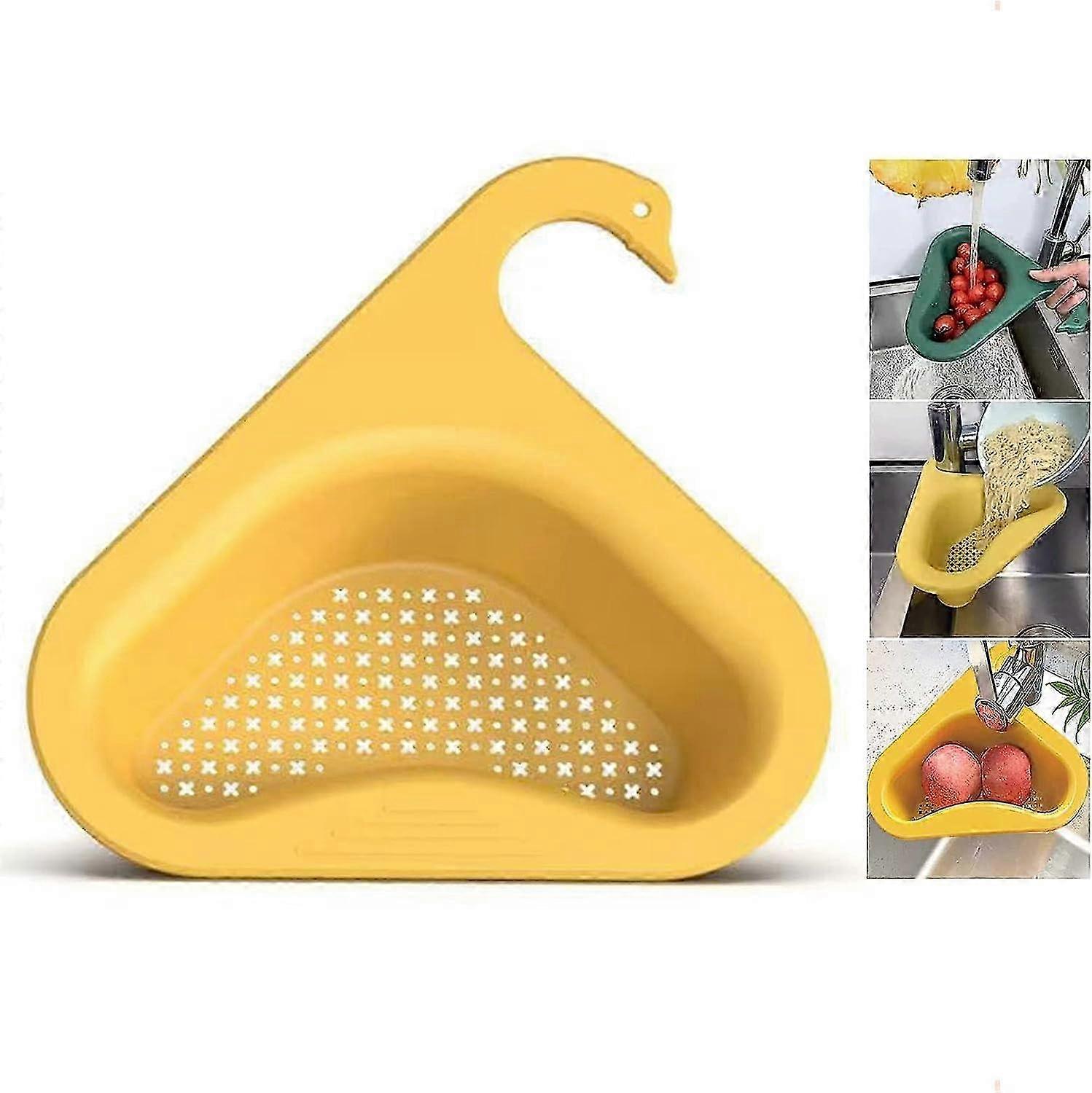 Thickened Triangle Sink Rack, Swan Shaped Sink Strainer Basket, Kitchen Drainer Storage Rack for Fruits, Vegetables, Garbage, Leftovers (Yellow)