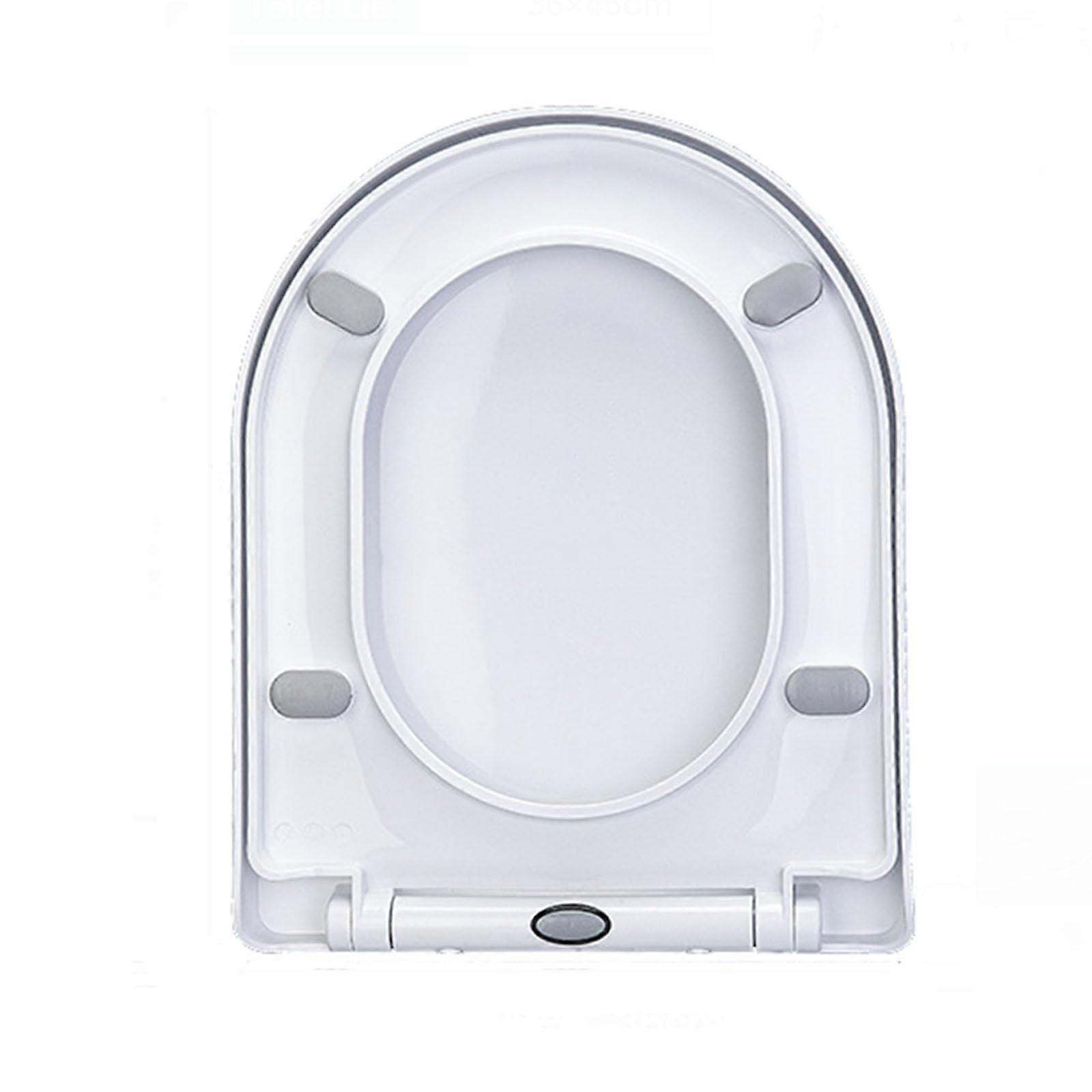 Dshaped slowclosing white toilet seat with nonslip bumpers, PP, 35.5x44cm