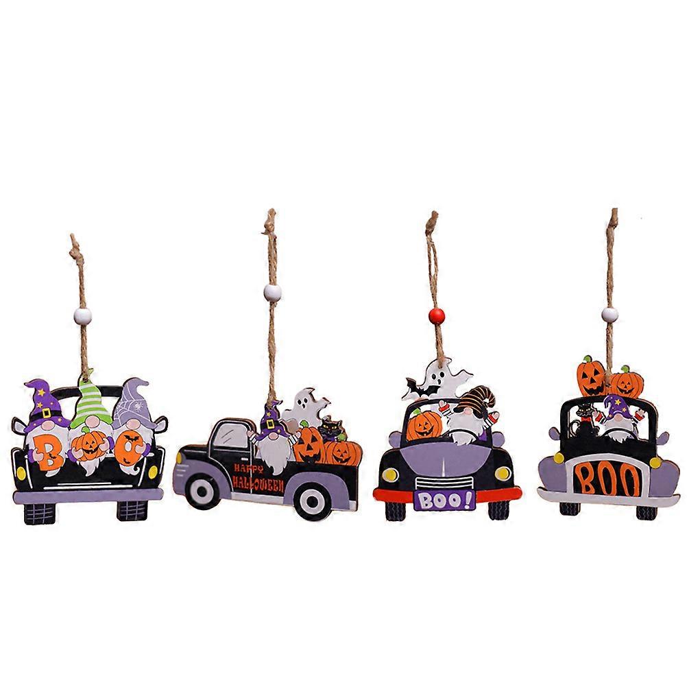 קישוטי ליל כל הקדושים לבית עץ תליונים תלויים לרכב ליל כל הקדושים מלאכת יד מעץ 10.5X7 ס"מ 4 יחידות