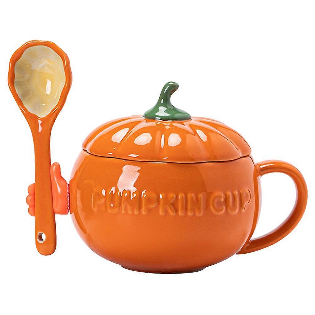 Here's a polished product description based on your input:
**Adorable Pumpkin Ceramic Mug Set – Includes Lid & Spoon | Versatile for Coffee, Tea,