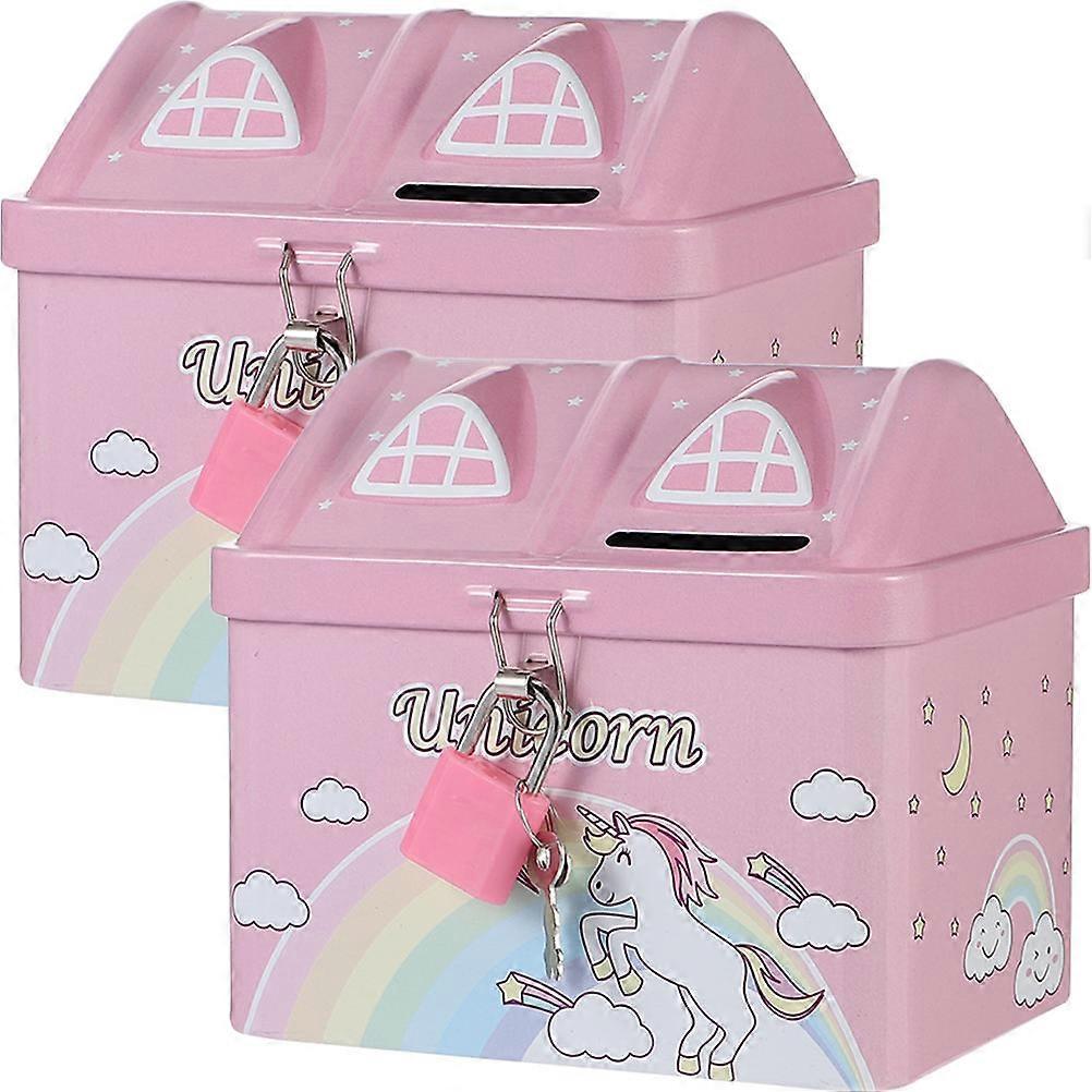 Kids Coin Jar Metal House Model Unicorn Pattern Pink 11.5X10.5X9cm Money Saving 2Pcs