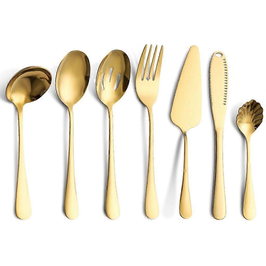 7-piece cutlery set, stainless steel daily necessities, table service, spoon, fork, sieve, butter knife (gold)